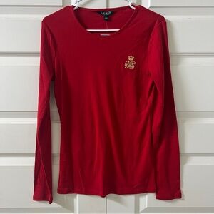 Lauren by Ralph Lauren Embroidered Emblem Long Sleeve Tee in Red, NWT